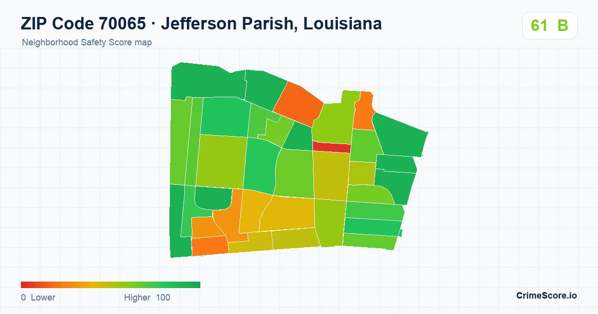 ZIP Code 70065 in Jefferson Parish, Louisiana neighborhood Safety Score map