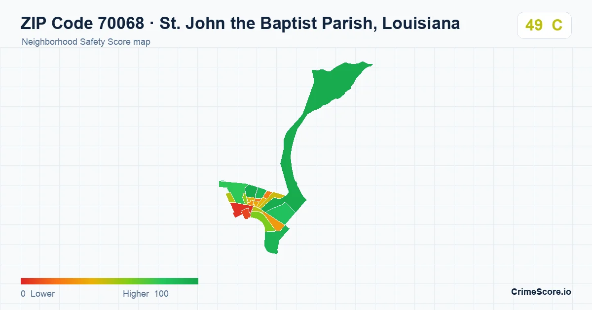 ZIP Code 70068 in St. John the Baptist Parish, Louisiana neighborhood Safety Score map