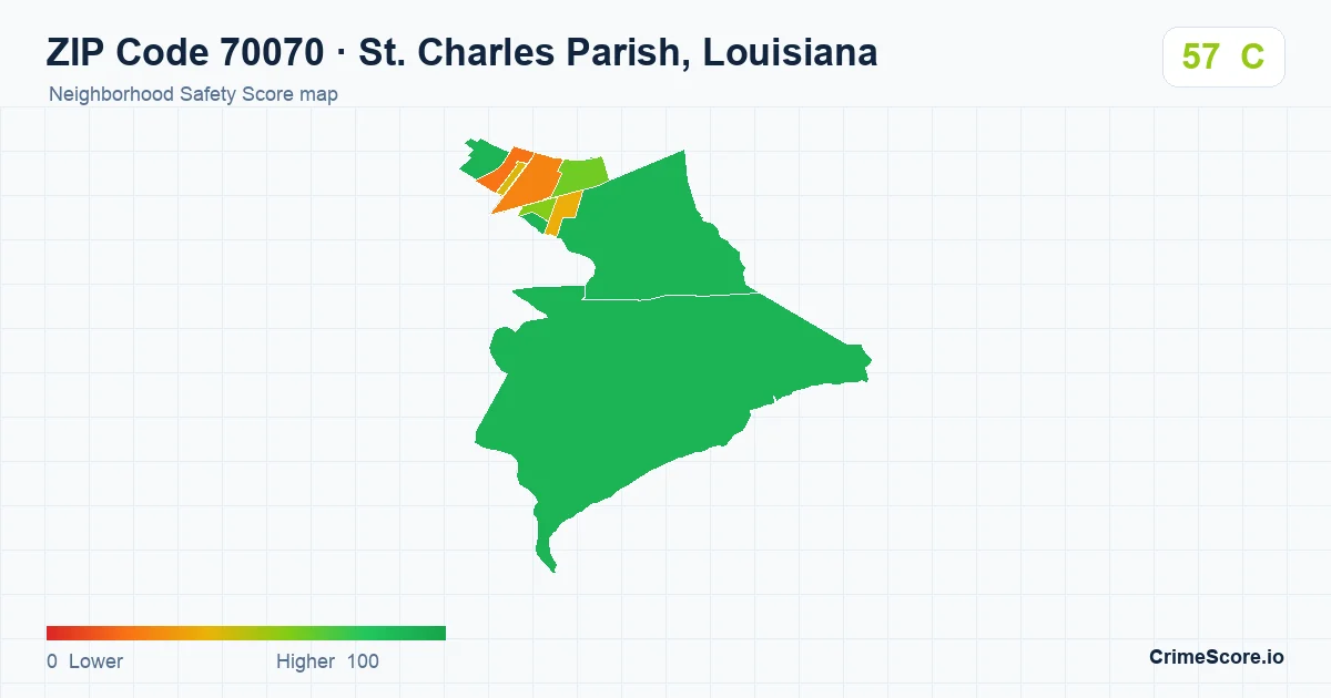 ZIP Code 70070 in St. Charles Parish, Louisiana neighborhood Safety Score map