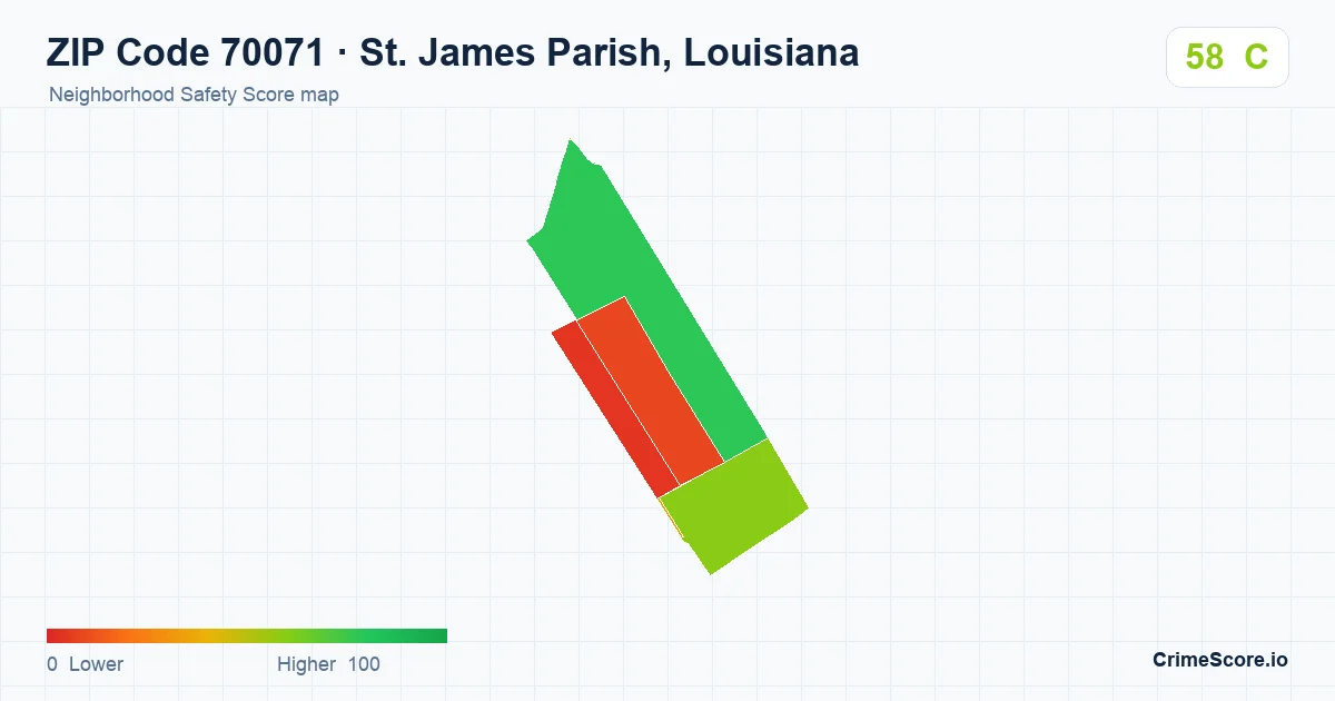 ZIP Code 70071 in St. James Parish, Louisiana neighborhood Safety Score map