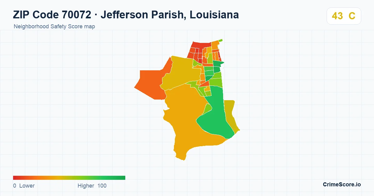 ZIP Code 70072 in Jefferson Parish, Louisiana neighborhood Safety Score map
