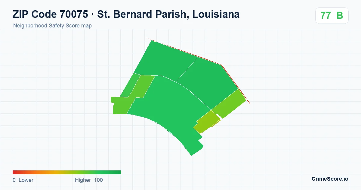 ZIP Code 70075 in St. Bernard Parish, Louisiana neighborhood Safety Score map