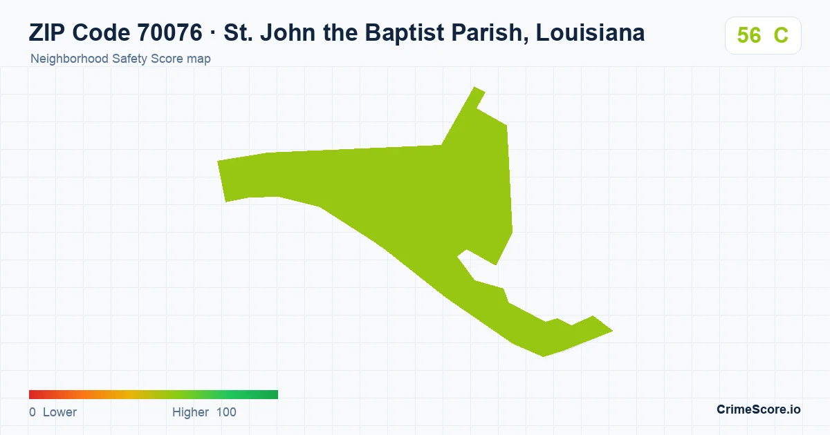 ZIP Code 70076 in St. John the Baptist Parish, Louisiana neighborhood Safety Score map