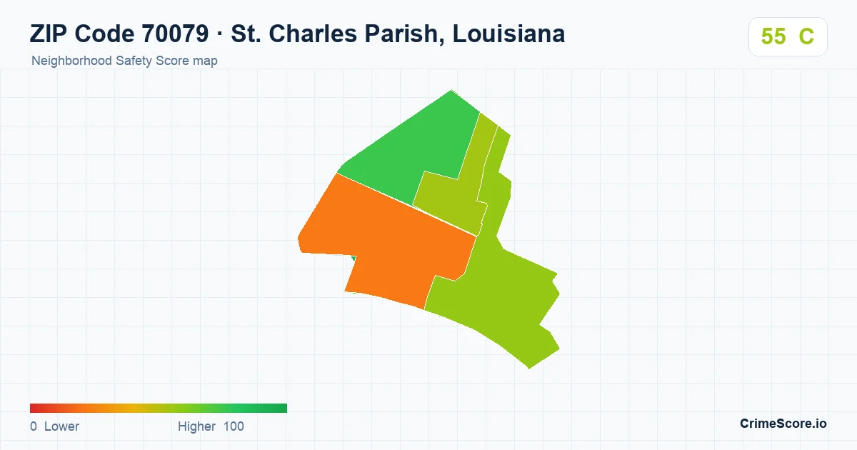 ZIP Code 70079 in St. Charles Parish, Louisiana neighborhood Safety Score map