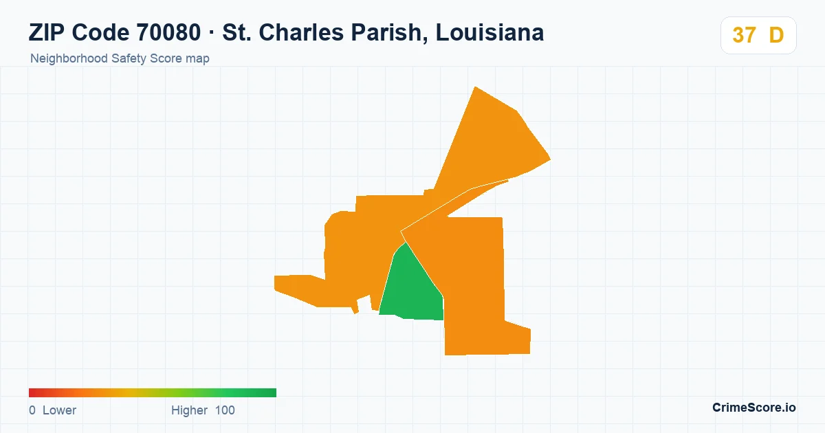 ZIP Code 70080 in St. Charles Parish, Louisiana neighborhood Safety Score map