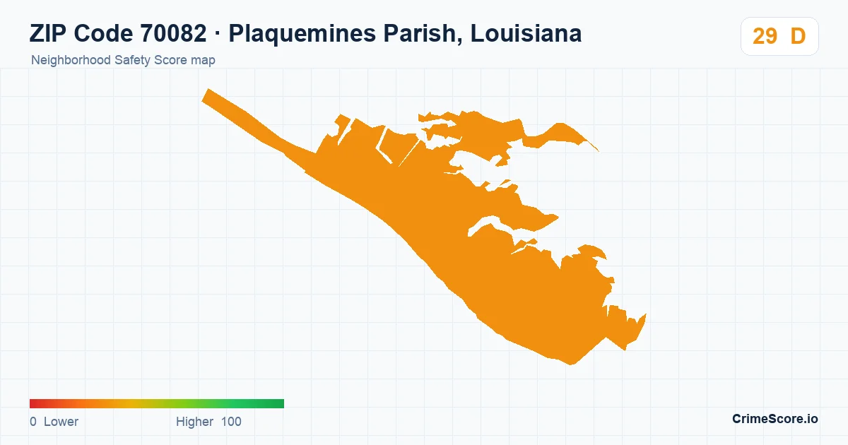ZIP Code 70082 in Plaquemines Parish, Louisiana neighborhood Safety Score map