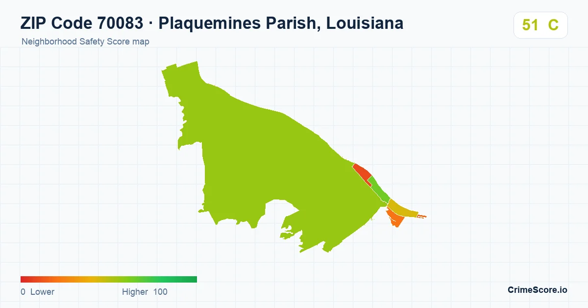 ZIP Code 70083 in Plaquemines Parish, Louisiana neighborhood Safety Score map