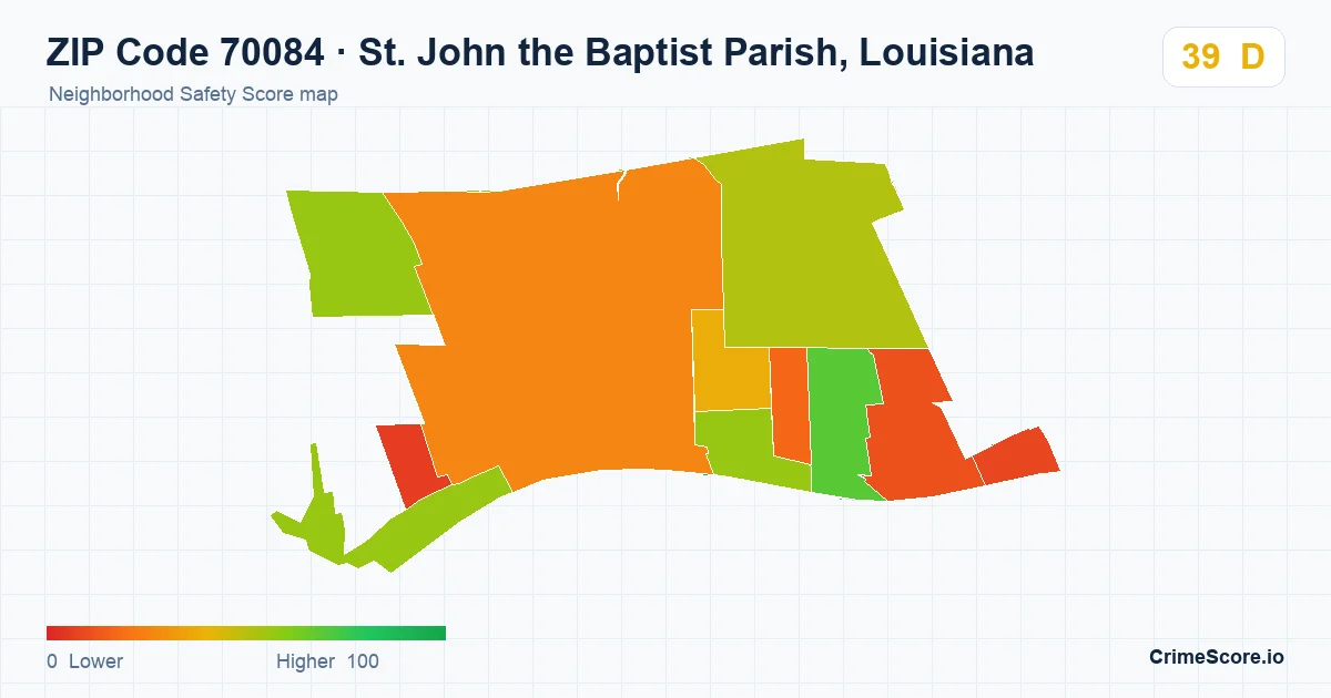 ZIP Code 70084 in St. John the Baptist Parish, Louisiana neighborhood Safety Score map