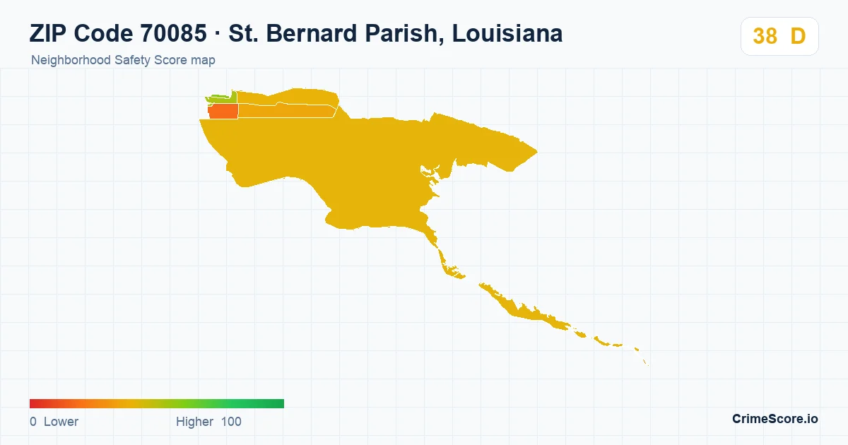 ZIP Code 70085 in St. Bernard Parish, Louisiana neighborhood Safety Score map