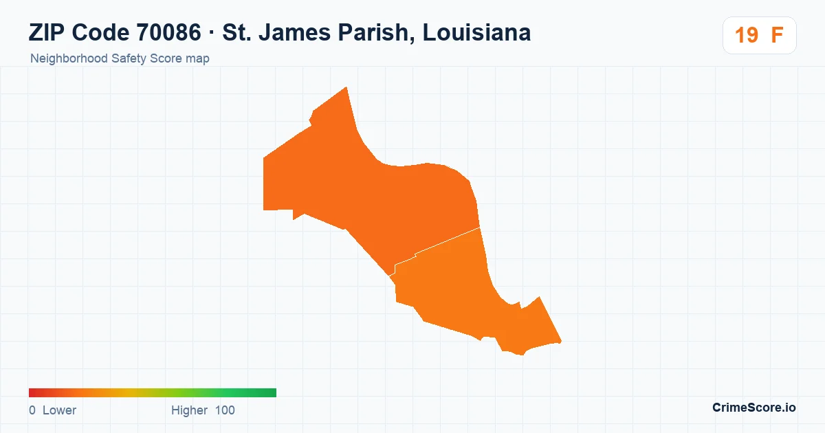 ZIP Code 70086 in St. James Parish, Louisiana neighborhood Safety Score map