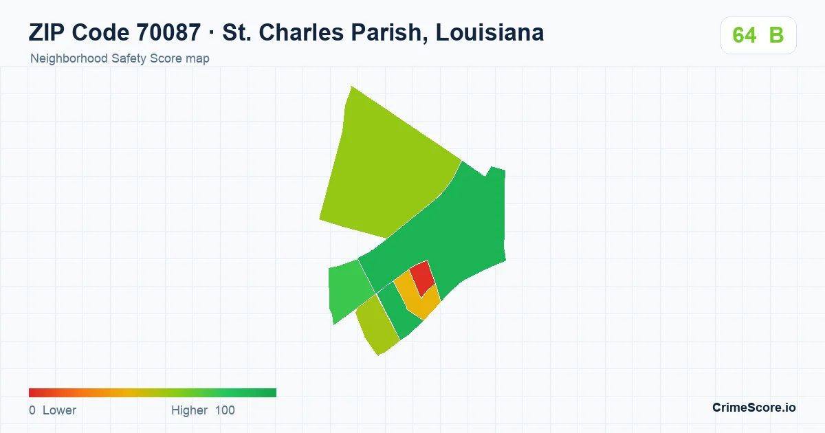 ZIP Code 70087 in St. Charles Parish, Louisiana neighborhood Safety Score map