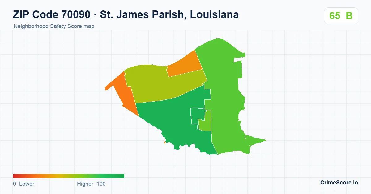 ZIP Code 70090 in St. James Parish, Louisiana neighborhood Safety Score map