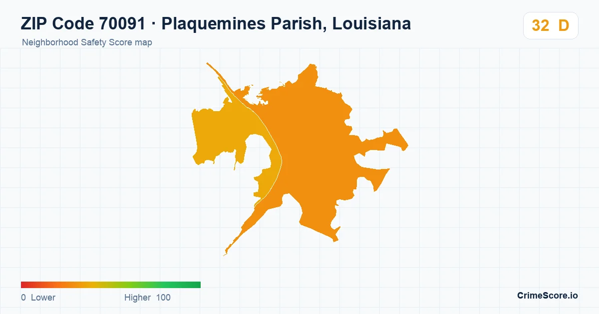 ZIP Code 70091 in Plaquemines Parish, Louisiana neighborhood Safety Score map