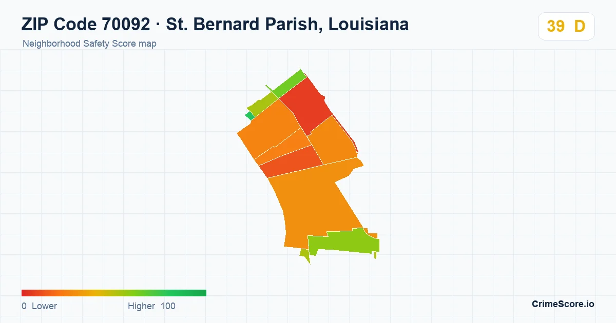ZIP Code 70092 in St. Bernard Parish, Louisiana neighborhood Safety Score map