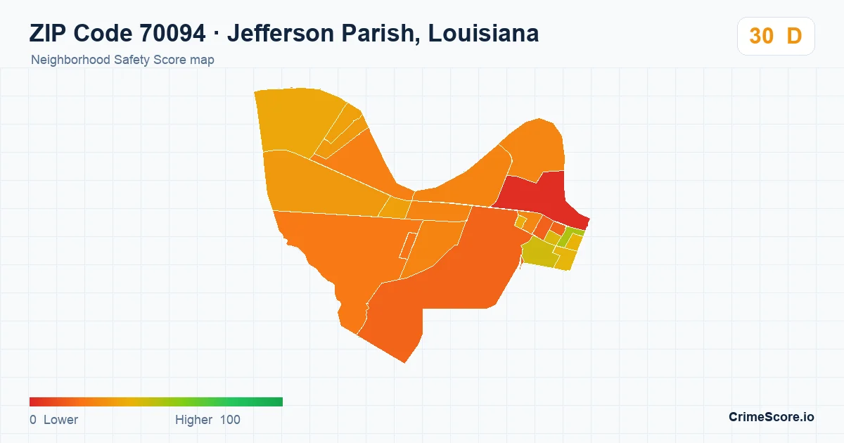 ZIP Code 70094 in Jefferson Parish, Louisiana neighborhood Safety Score map