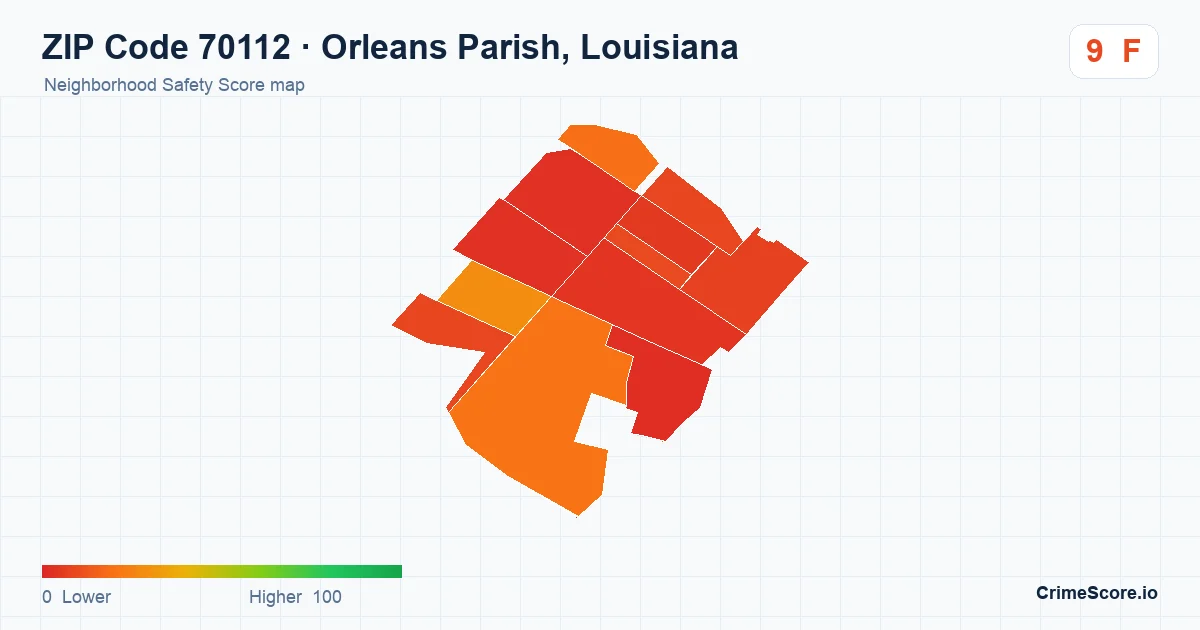 ZIP Code 70112 in Orleans Parish, Louisiana neighborhood Safety Score map