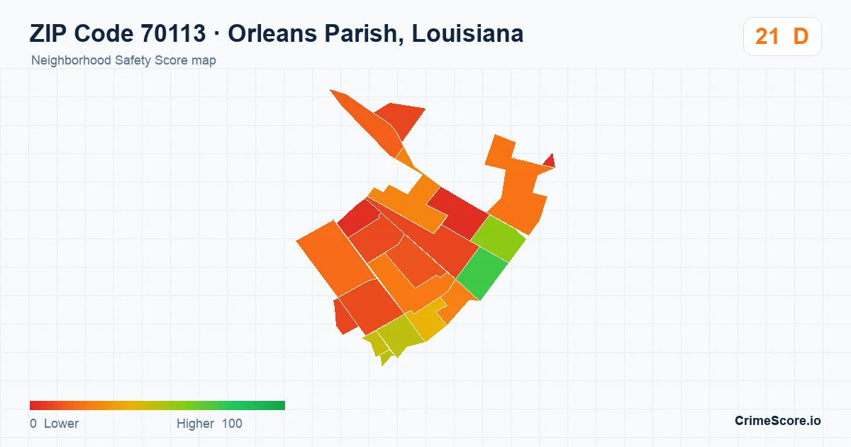 ZIP Code 70113 in Orleans Parish, Louisiana neighborhood Safety Score map