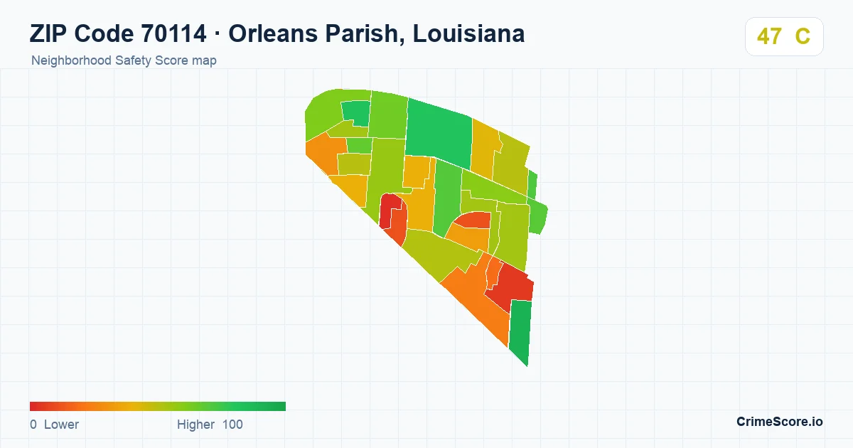 ZIP Code 70114 in Orleans Parish, Louisiana neighborhood Safety Score map