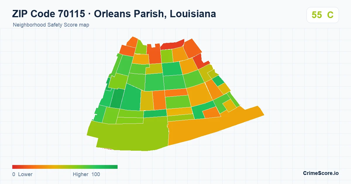ZIP Code 70115 in Orleans Parish, Louisiana neighborhood Safety Score map