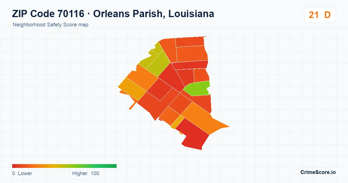 ZIP Code 70116 in Orleans Parish, Louisiana neighborhood Safety Score map