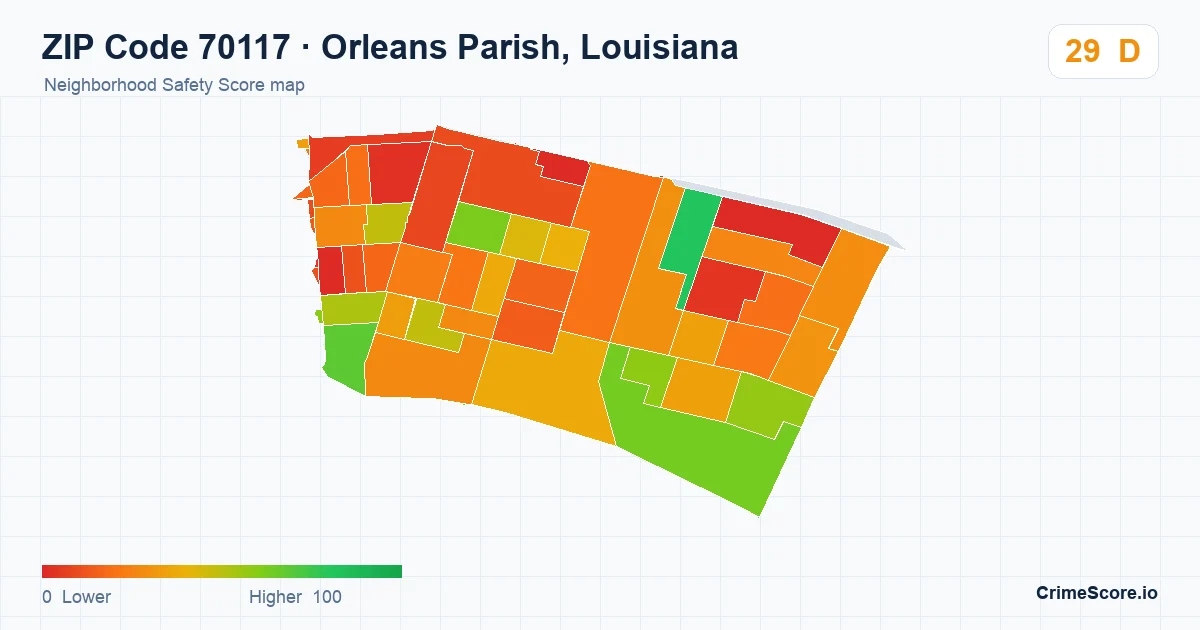 ZIP Code 70117 in Orleans Parish, Louisiana neighborhood Safety Score map