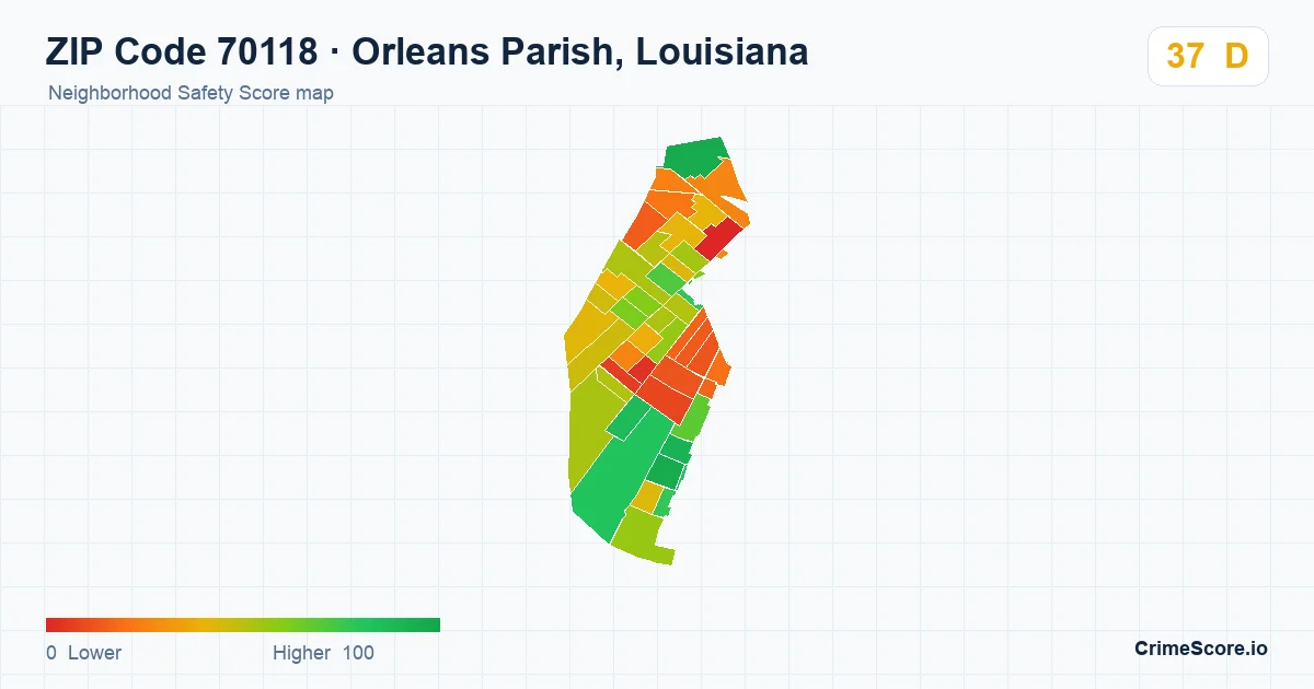 ZIP Code 70118 in Orleans Parish, Louisiana neighborhood Safety Score map