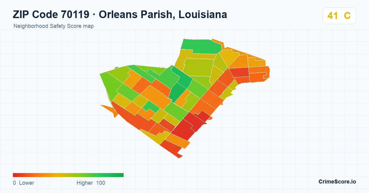 ZIP Code 70119 in Orleans Parish, Louisiana neighborhood Safety Score map
