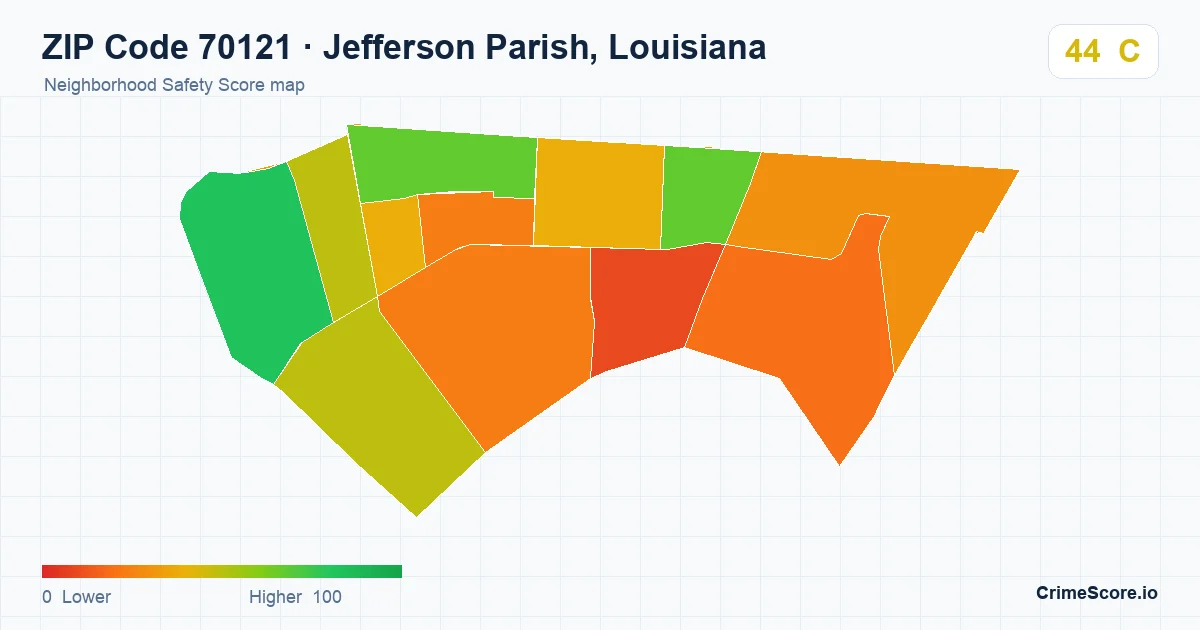 ZIP Code 70121 in Jefferson Parish, Louisiana neighborhood Safety Score map