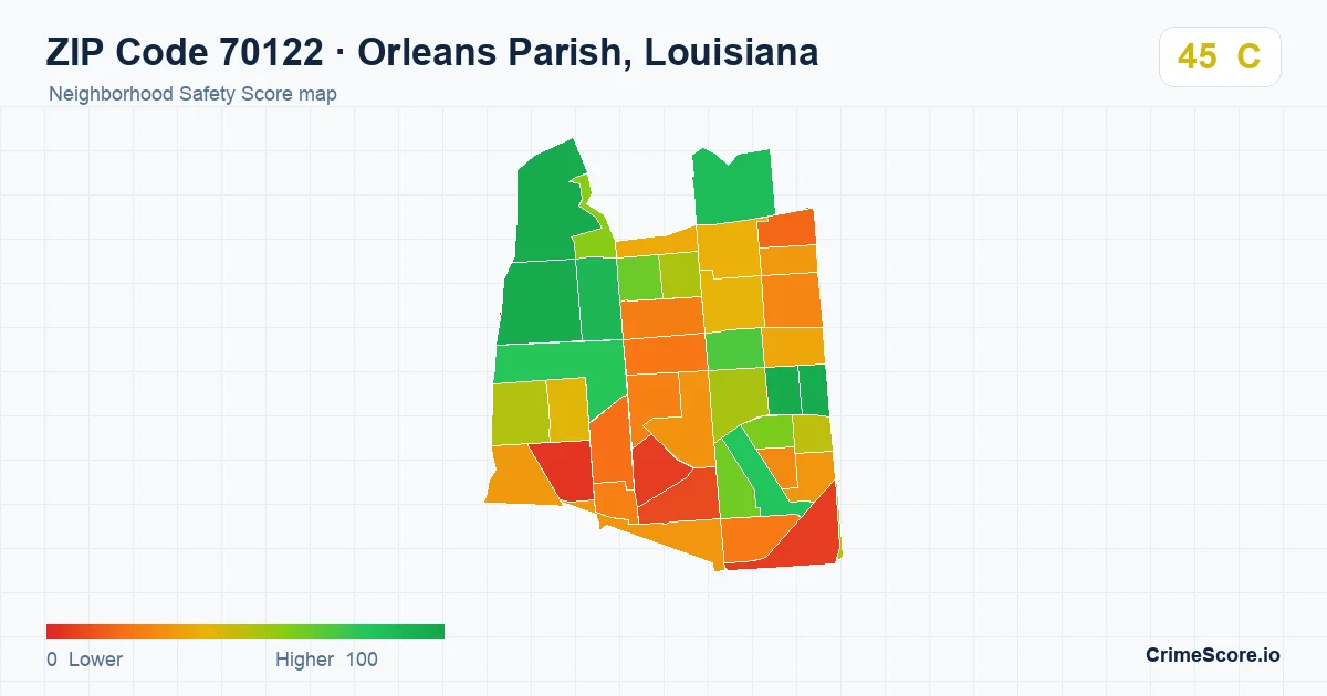 ZIP Code 70122 in Orleans Parish, Louisiana neighborhood Safety Score map