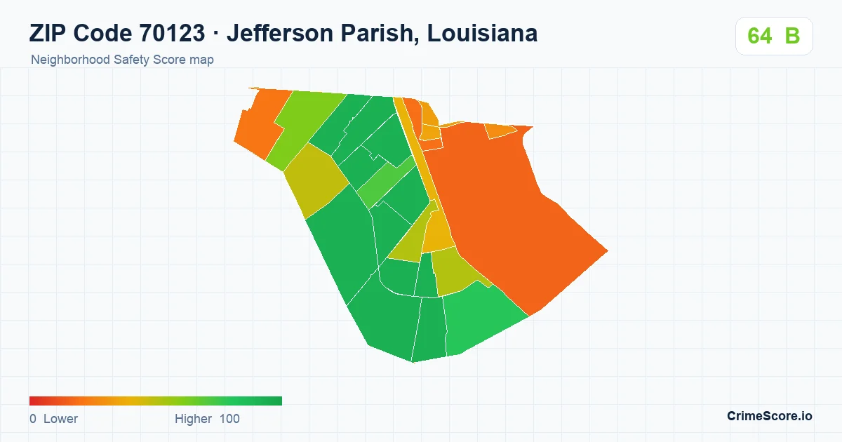 ZIP Code 70123 in Jefferson Parish, Louisiana neighborhood Safety Score map