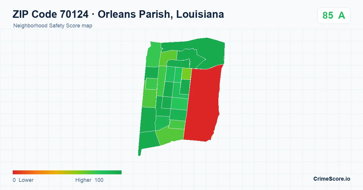 ZIP Code 70124 in Orleans Parish, Louisiana neighborhood Safety Score map