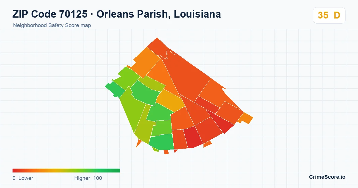 ZIP Code 70125 in Orleans Parish, Louisiana neighborhood Safety Score map