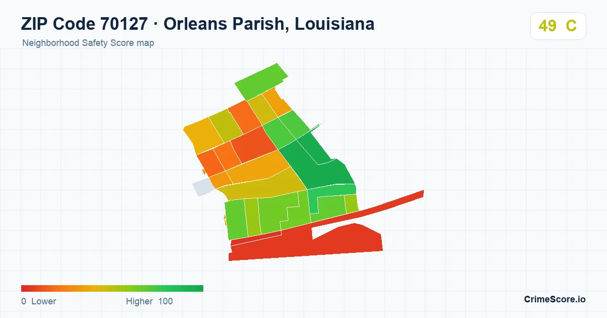 ZIP Code 70127 in Orleans Parish, Louisiana neighborhood Safety Score map