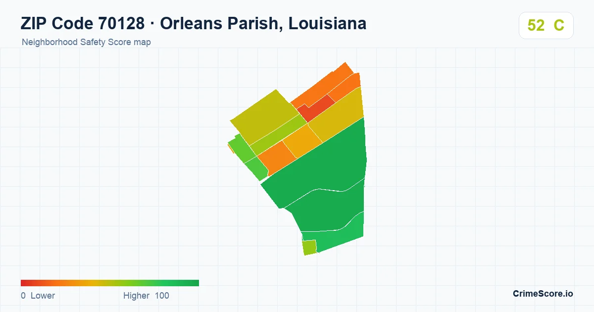 ZIP Code 70128 in Orleans Parish, Louisiana neighborhood Safety Score map