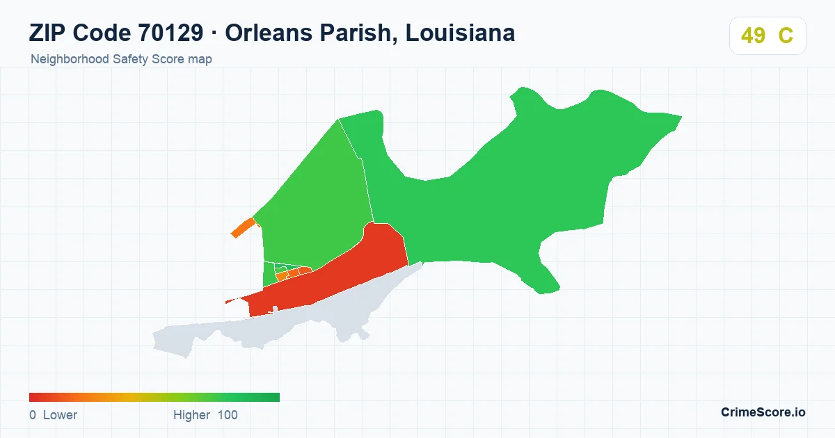 ZIP Code 70129 in Orleans Parish, Louisiana neighborhood Safety Score map