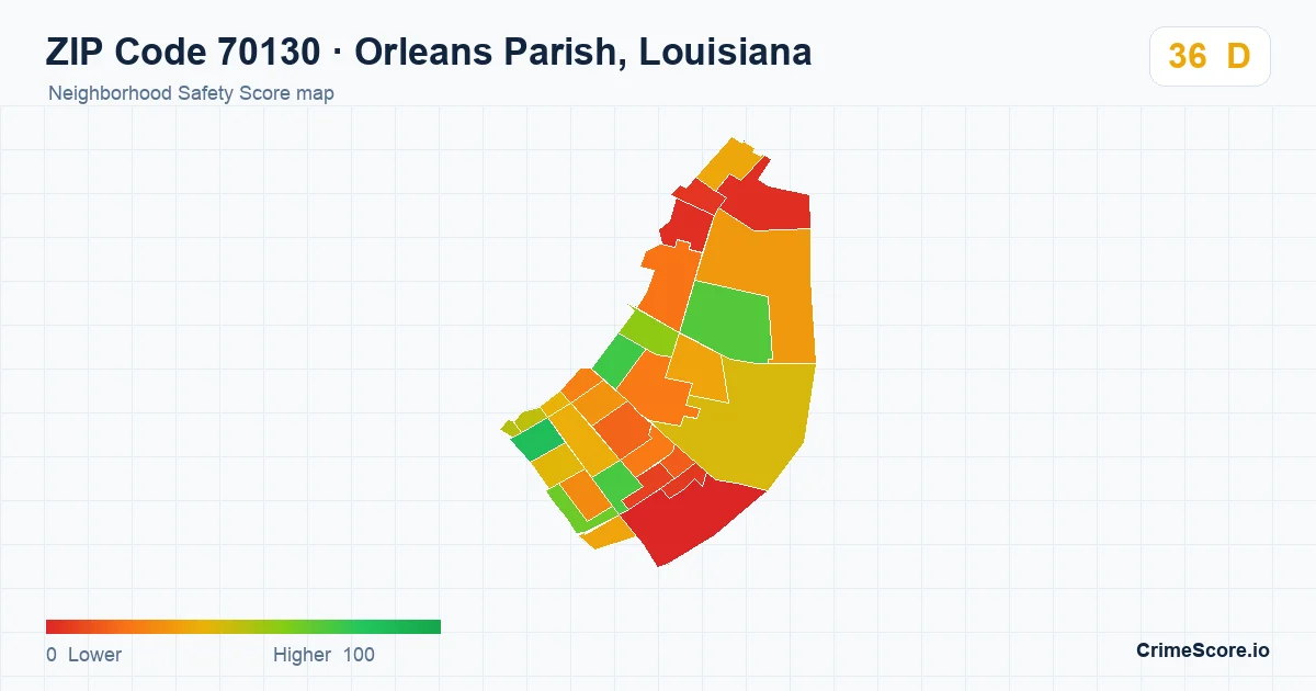 ZIP Code 70130 in Orleans Parish, Louisiana neighborhood Safety Score map