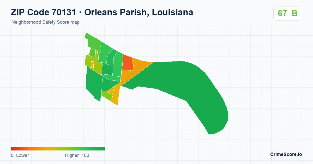 ZIP Code 70131 in Orleans Parish, Louisiana neighborhood Safety Score map