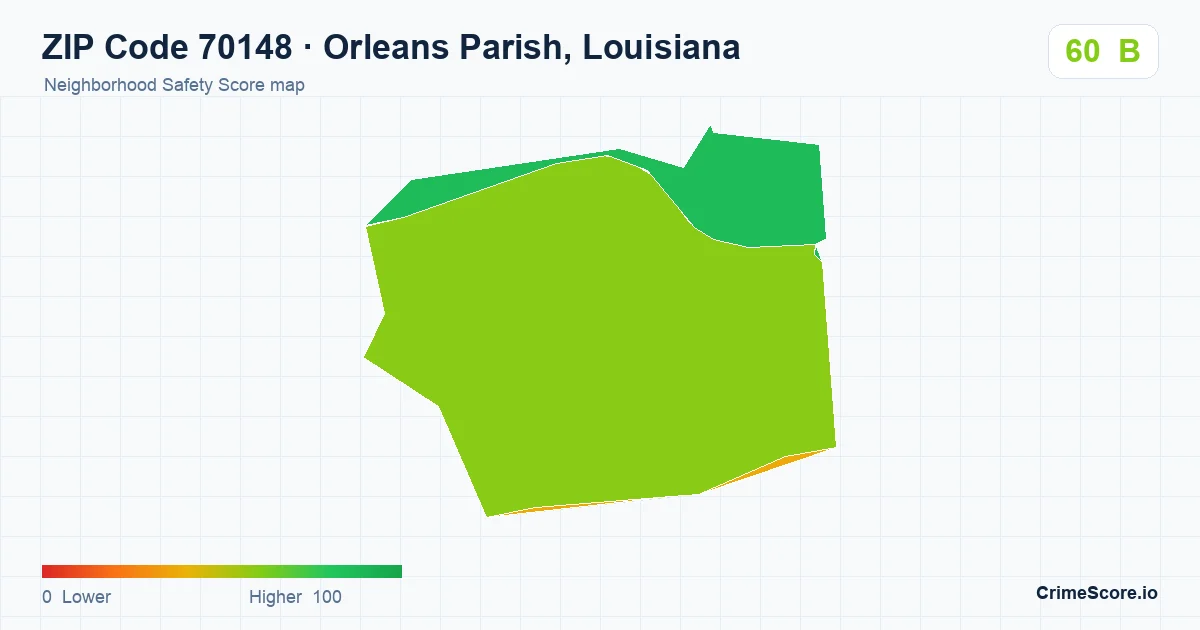 ZIP Code 70148 in Orleans Parish, Louisiana neighborhood Safety Score map