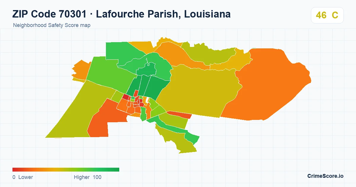 ZIP Code 70301 in Lafourche Parish, Louisiana neighborhood Safety Score map
