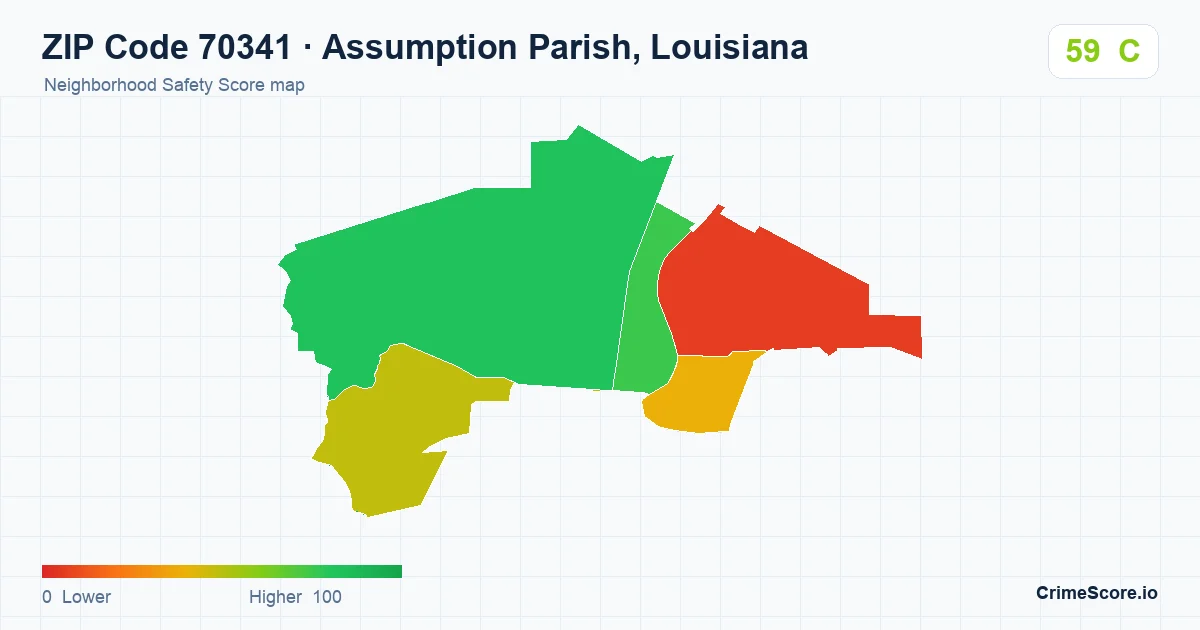 ZIP Code 70341 in Assumption Parish, Louisiana neighborhood Safety Score map
