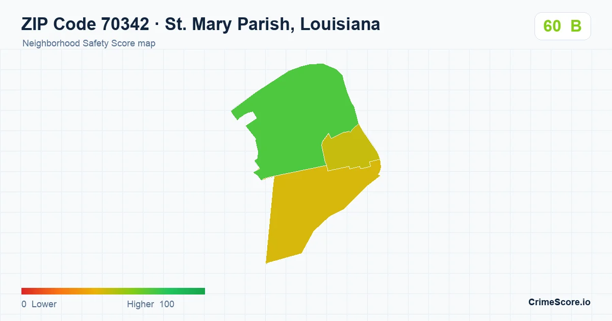 ZIP Code 70342 in St. Mary Parish, Louisiana neighborhood Safety Score map