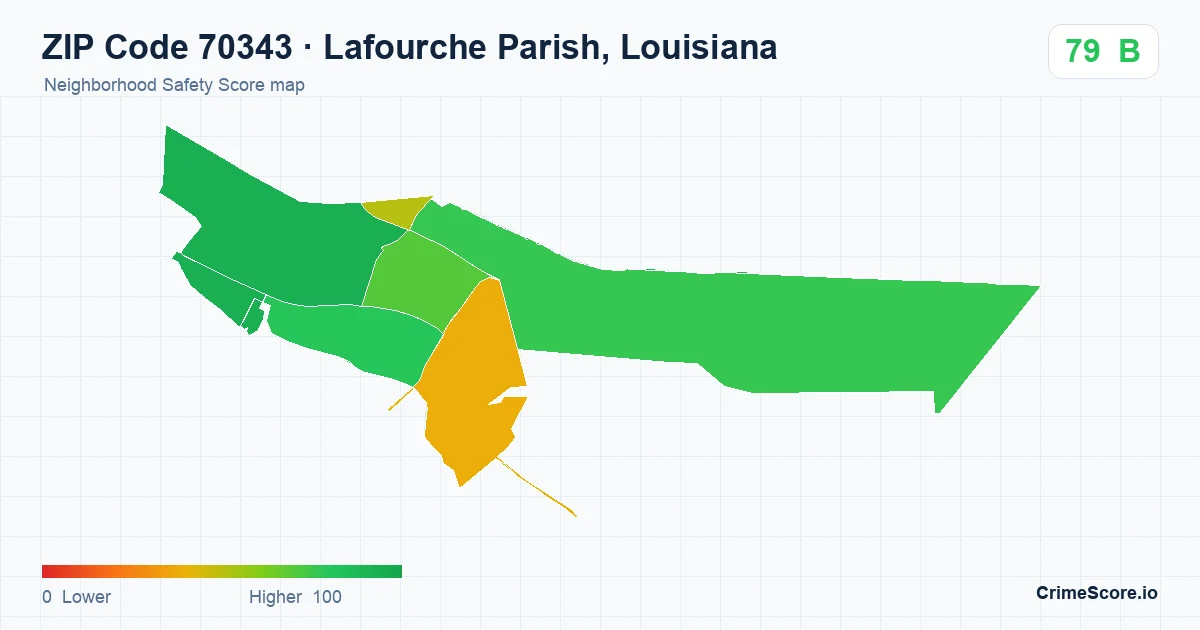 ZIP Code 70343 in Lafourche Parish, Louisiana neighborhood Safety Score map