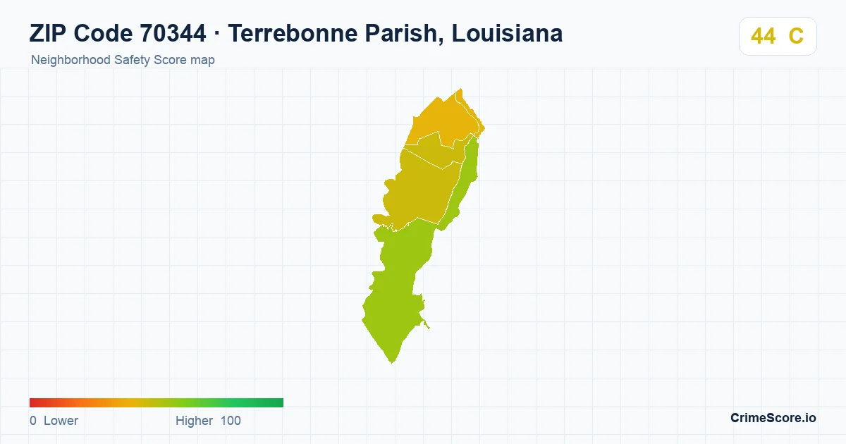 ZIP Code 70344 in Terrebonne Parish, Louisiana neighborhood Safety Score map