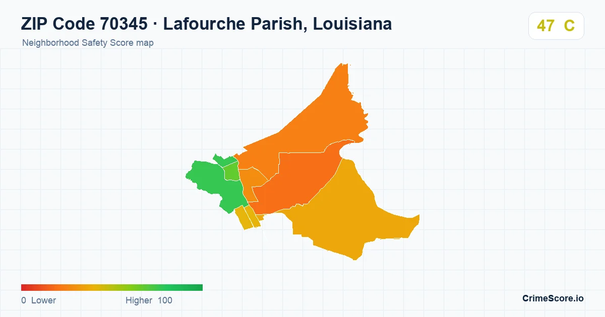 ZIP Code 70345 in Lafourche Parish, Louisiana neighborhood Safety Score map