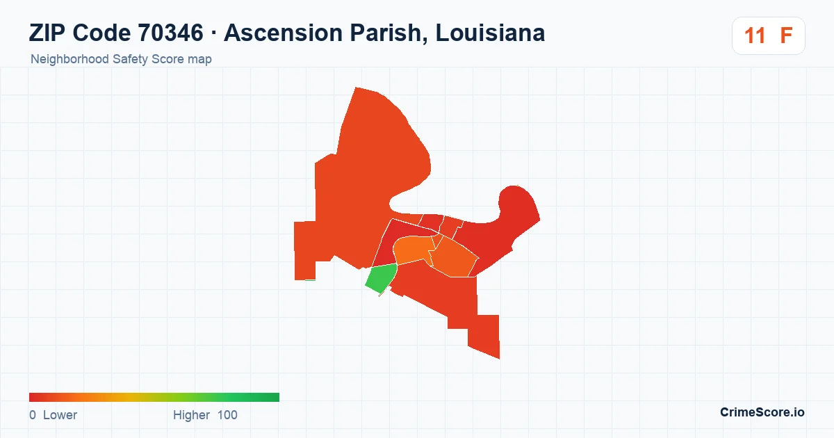 ZIP Code 70346 in Ascension Parish, Louisiana neighborhood Safety Score map