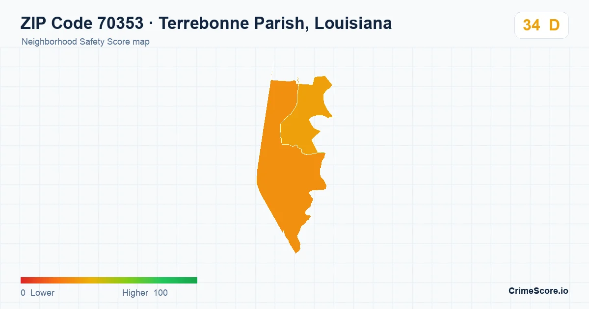 ZIP Code 70353 in Terrebonne Parish, Louisiana neighborhood Safety Score map