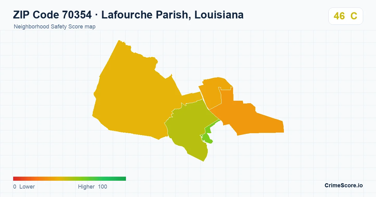ZIP Code 70354 in Lafourche Parish, Louisiana neighborhood Safety Score map