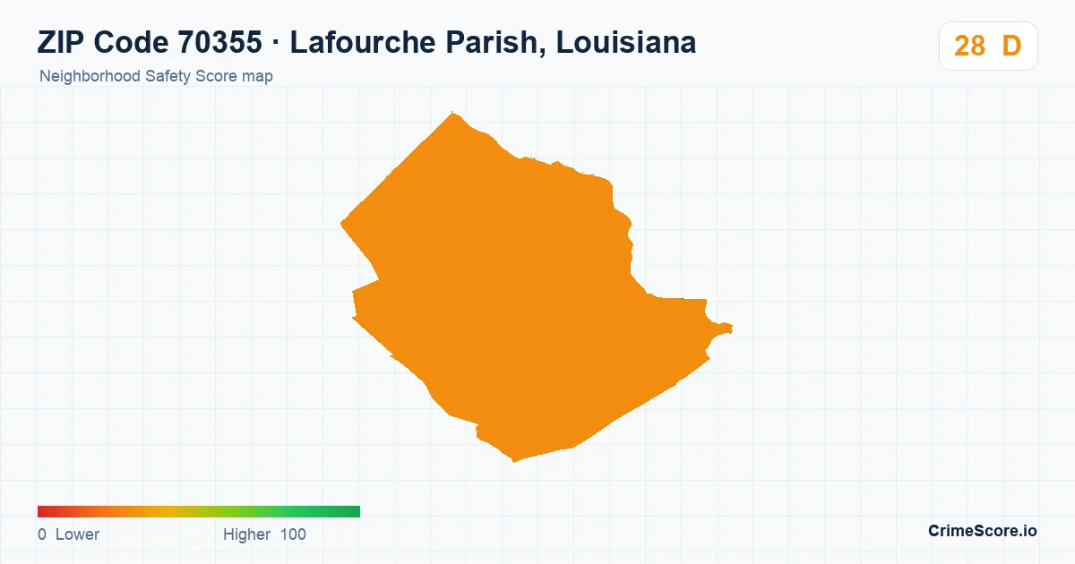 ZIP Code 70355 in Lafourche Parish, Louisiana neighborhood Safety Score map