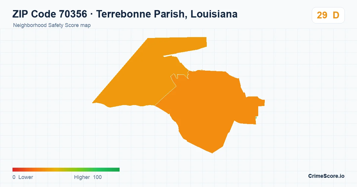 ZIP Code 70356 in Terrebonne Parish, Louisiana neighborhood Safety Score map