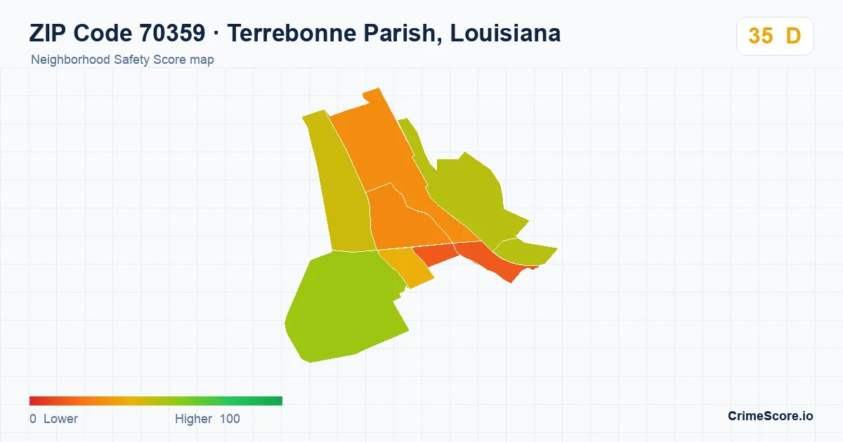 ZIP Code 70359 in Terrebonne Parish, Louisiana neighborhood Safety Score map